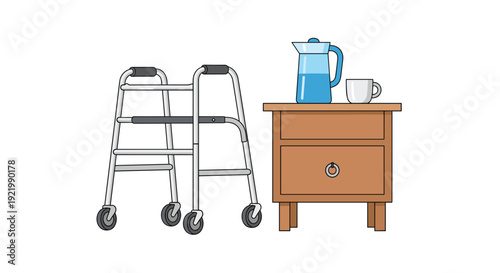 A silver medical walker with wheels standing next to a wooden nightstand, which holds a blue pitcher and a white cup, on a white background.