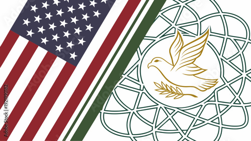 "A futuristic flag where the red, white, and blue stripes of the USA intertwine with the green, white, and red stripes of Iran, forming a geometric pattern inspired by Persian tiles, with a golden dov