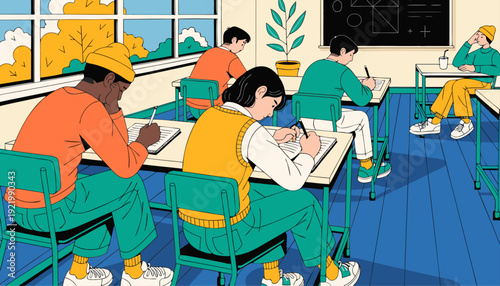 Very beautiful three dimensional classroom interior rendering highlighting depth, aligned desks, natural window light, and realistic academic atmosphere suitable for institutional visualization.