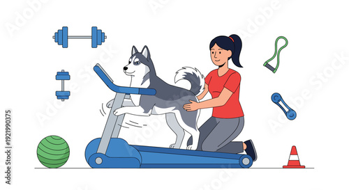A woman in a red shirt is gently guiding a husky dog as it exercises on a blue treadmill inside a fitness room with gym equipment.