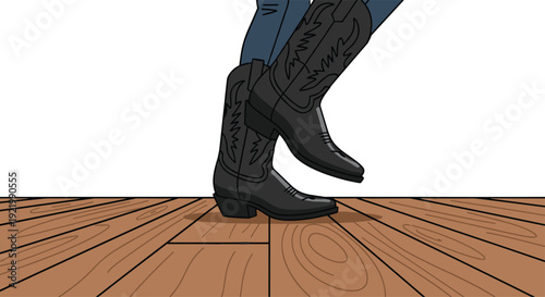 A person's legs are shown wearing classic black cowboy boots with intricate stitching, performing a dance step on a textured wooden floor.