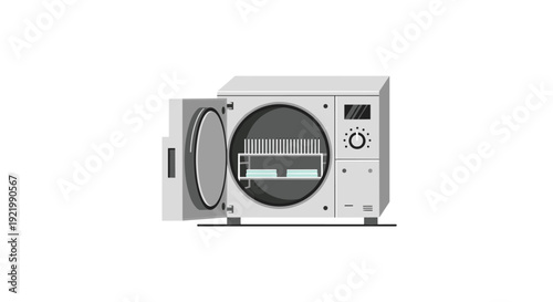 An open laboratory autoclave or sterilizer machine with its round door revealing racks filled with glass tubes and scientific equipment inside.