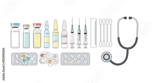 A collection of various medical supplies and equipment, including vials, ampoules, syringes, pill blister packs, cotton swabs, and a stethoscope, is neatly arranged on a plain white background.