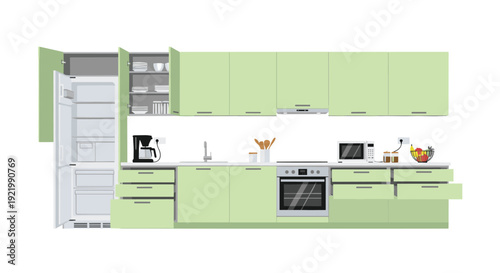 A complete and fully equipped modern kitchen interior features light green cabinets, a refrigerator with open doors, a stove, microwave, and various small appliances on a white background.