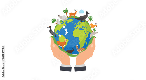 Two human hands gently hold a vibrant Earth globe surrounded by diverse wild animals and trees, symbolizing environmental protection and biodiversity on a white background.