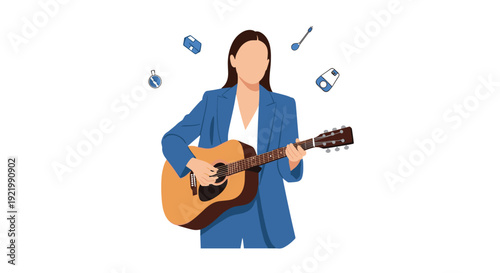 A stylish woman in a blue professional suit skillfully plays an acoustic guitar, surrounded by various floating musical instrument icons and notes.