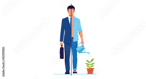 A man is split in half, one side a businessman with a briefcase and the other a casual person watering a plant, depicting work-life contrast.