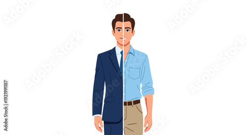 A man is depicted with two distinct halves, one dressed in a formal business suit and the other in casual clothing, showcasing duality.
