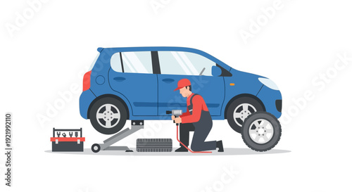 Mechanic Changing Tire on Blue Car.