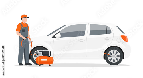 Mechanic Inflating Car Tire with Compressor.