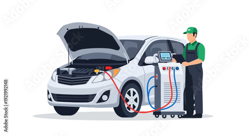 Mechanic Checking Car Engine with Diagnostic Tool.