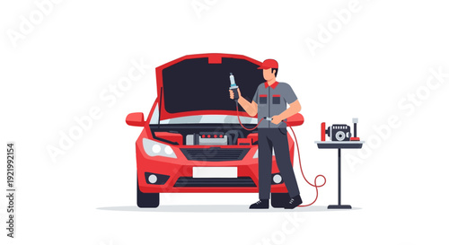 Mechanic Diagnosing Car Problem with Scanner.