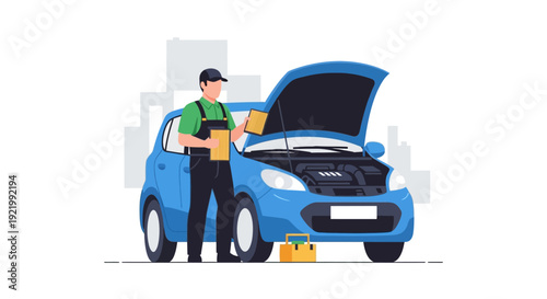 Mechanic Inspecting Car Engine with Clipboard.