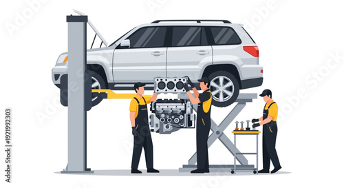 Mechanic Inspecting Car on Lift in Garage.