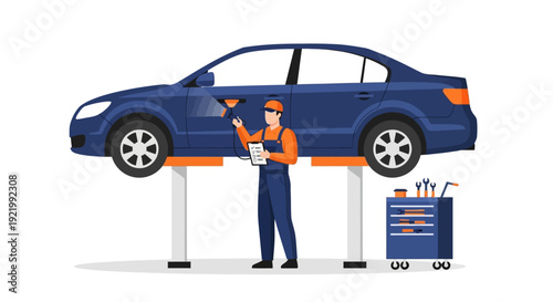 Mechanic Inspecting Car on Lift in Garage.