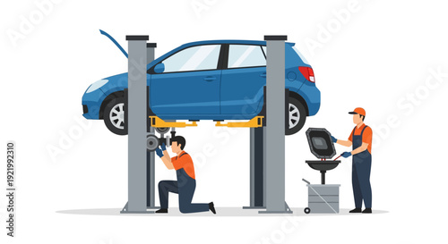 Mechanic Inspecting Car on Lift in Garage.