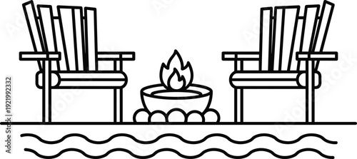 Black and white line art illustration featuring two wooden adirondack chairs facing a central fire pit bowl with flames on a beach shore