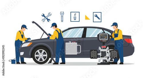 Mechanic Inspecting Car with Tools Nearby.