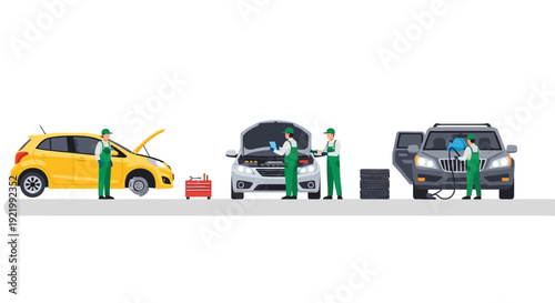 Mechanic Inspecting Cars on Roadside.