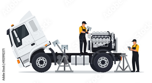 Mechanic Inspecting Heavy Truck Engine Parts.