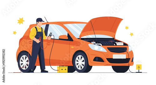 Mechanic Inspecting Orange Car Engine Hood Open.