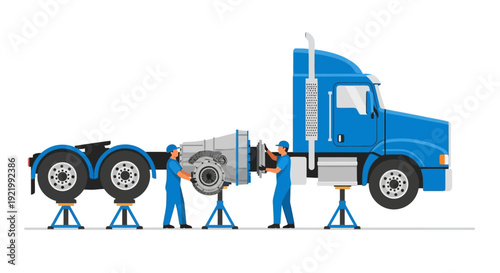 Mechanic Inspecting Large Blue Semi Truck Parts.