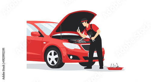 Mechanic inspecting red car engine closely.