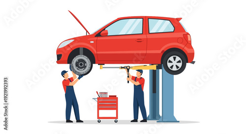 Mechanic Inspecting Red Car on Lift.