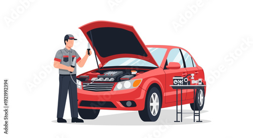 Mechanic Inspecting Red Car Engine.