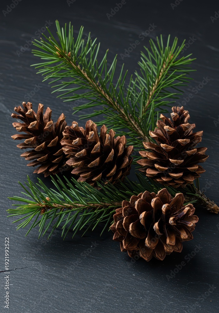 Fototapeta premium A natural arrangement of four brown pine cones resting beside a rustic pine branch on a dark gray slate surface, forest, still life, background