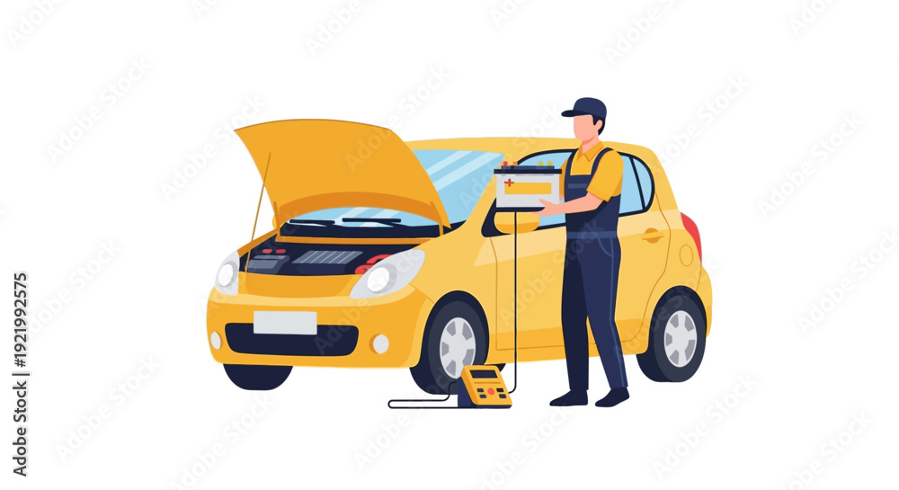 Naklejka premium Mechanic Working on Yellow Car Engine.