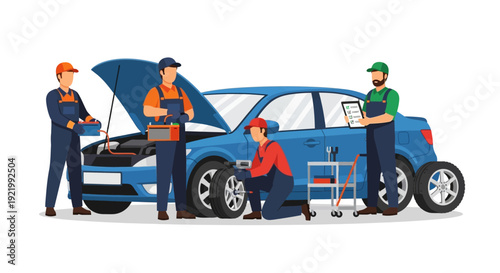 Mechanic Team Working on Blue Car.