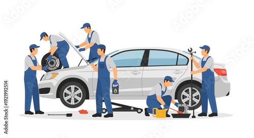 Mechanic Team Working on Silver Car.