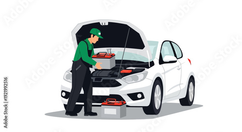 Mechanic Working on Car Engine Repair.