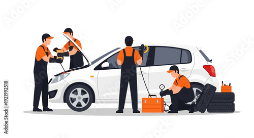 Mechanic Team Working on White Car.