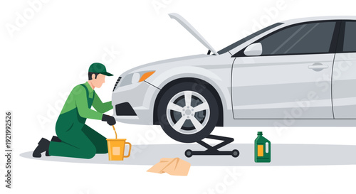 Mechanic Working on Car with Tools.