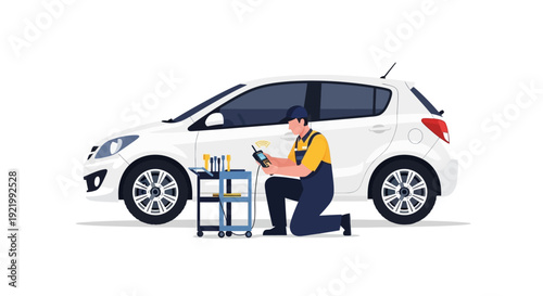 Mechanic Working on Car with Toolbox.