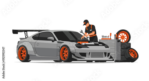 Mechanic Working on High Performance Sports Car.