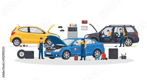 Mechanic Working on Cars in Garage.