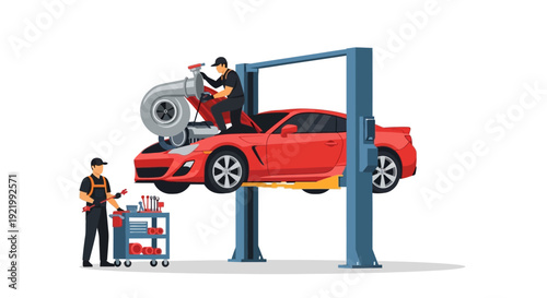 Mechanic Working on Red Car Lift.