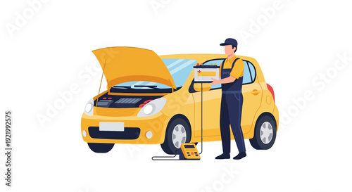 Mechanic Working on Yellow Car Engine.