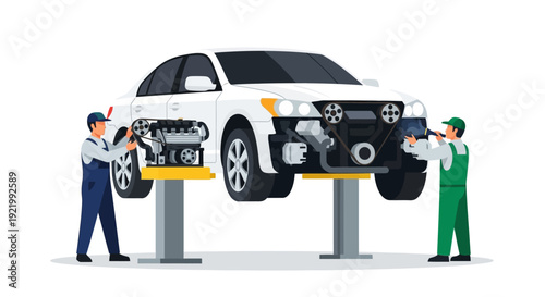 Mechanics Repairing White SUV on Lift.