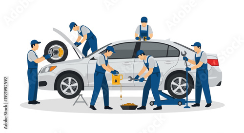 Mechanics Repairing Car in Garage.