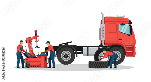 Men Repairing Red Truck with Hydraulic Lift.