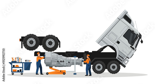 Miniature Workers Repairing Toy Dump Truck.