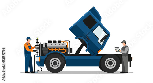 Technicians inspecting heavy machinery equipment vehicle.