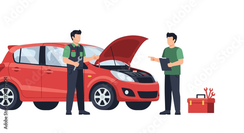 Two Mechanics Inspecting Open Hood Red Car.