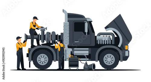Workers Inspecting Large Dump Truck Illustration.