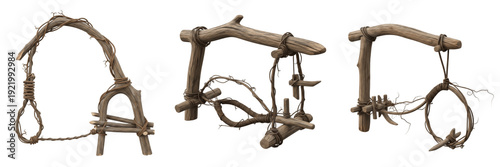 Photos Wooden trap snare tool, prehistoric hunting implement, Paleolithic and Neolithic