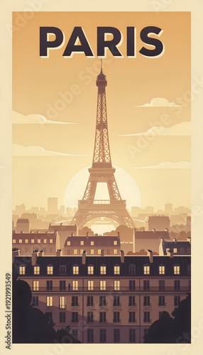 Vintage Paris Travel Poster Illustration with Eiffel Tower at Sunset